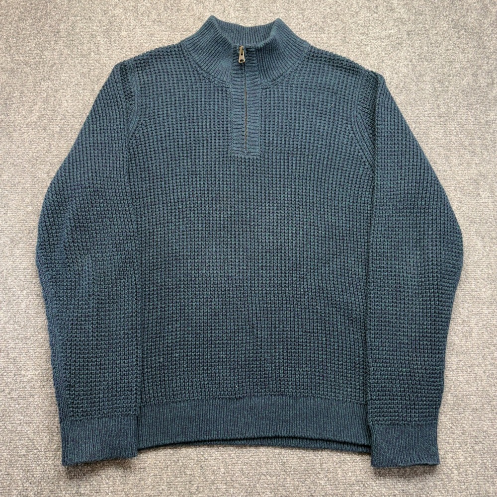 LL Bean Mens Quarter Zip Waffle Knit Sweater Blue Green Marled Pullover VTG